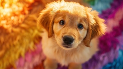 Adorable golden retriever puppy looking up on colorful rug.