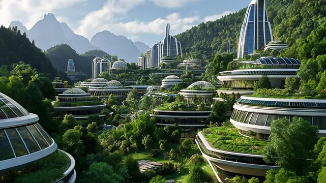 Modern sustainable city integrated with nature in a mountainous landscape under a clear sky