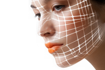 Close-up of a woman’s face with a geometric grid overlay, isolated on a white background. PNG transparent.