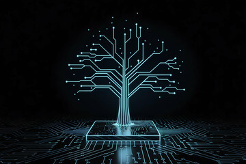 Neon blue digital tree rising from circuit board base against darkness
