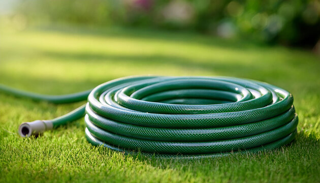 Green garden hose on green lawn. Fresh grass. Gardening tools and equipment concept.