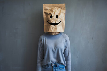 Person in paper bag mask smiles, gray sweater and muted background visible
