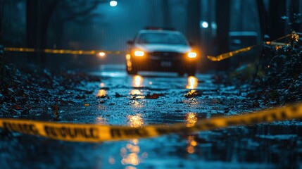 Rainy night scene with police car lights in the background, caution tape in the foreground.  Dark and mysterious mood.