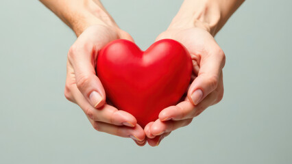 Obraz premium hands holding a red heart on the left, space for text right, on the light background