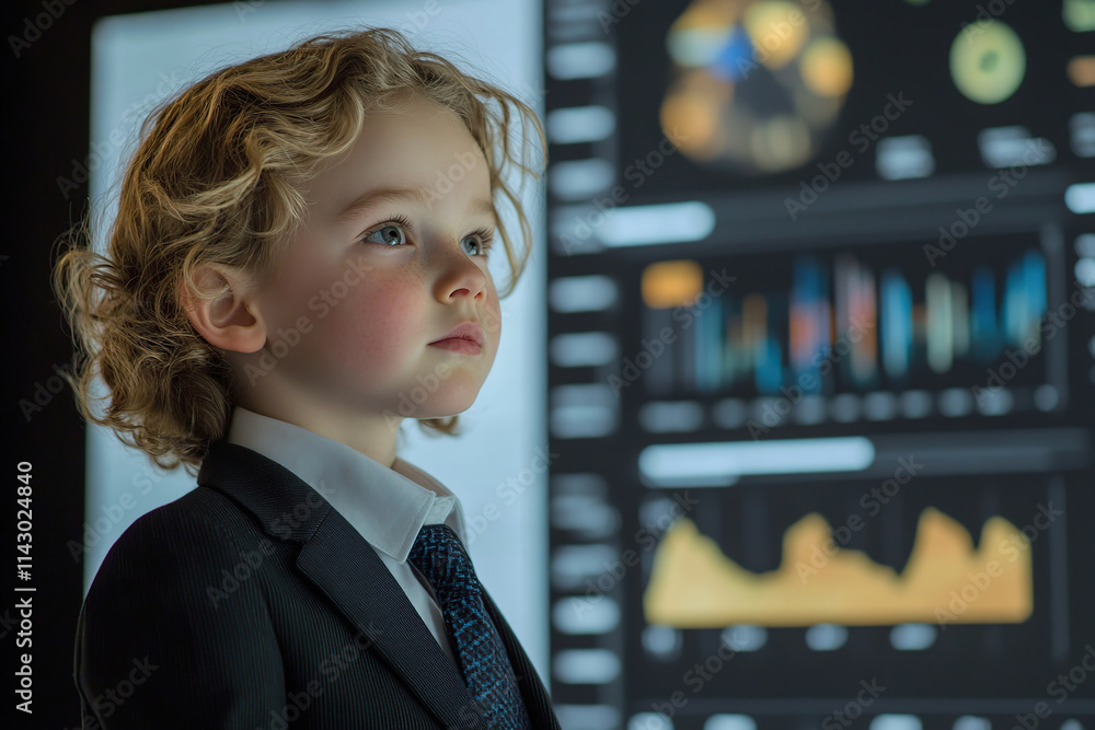 Poster child boy trader broker analyzing prices on graphs and candlestick charts on stock market platform