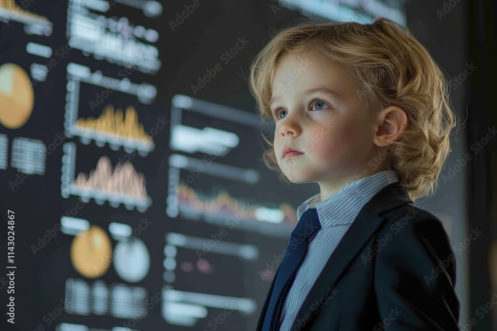 Poster child boy trader broker analyzing prices on graphs and candlestick charts on stock market platform