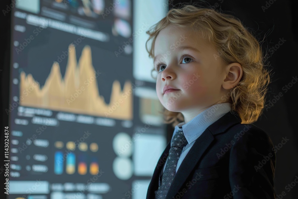 Poster child boy trader broker analyzing prices on graphs and candlestick charts on stock market platform
