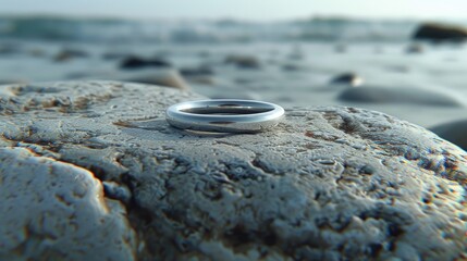 A silver ring resting on a textured rock by the shore, symbolizing love or commitment.