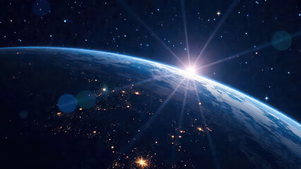 Night planet earth from space with light lines of communication and connection