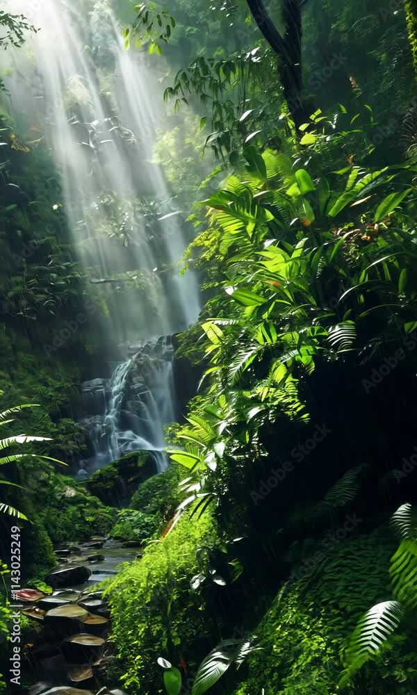 Poster lush rainforest with sunlight streaming through trees creating a serene atmosphere near a cascading 