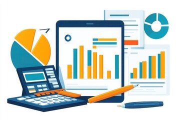Obraz premium A collection of business and financial tools, including charts, documents, and a calculator.