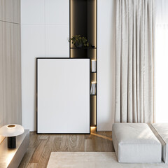 Frame mockup, ISO A paper size. Living room wall poster mockup. Interior mockup with house background. Modern interior design. 3D render
