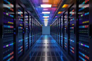 Vibrant lit data center with metallic racks glowing in colorful panels