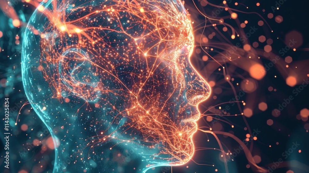 Poster a futuristic digital art of a human face with glowing neural network patterns. the design represents