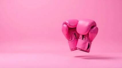 Pink boxing gloves on the right on a pink background 