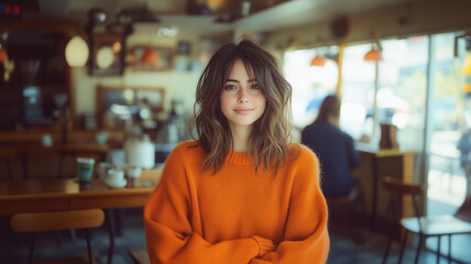 A young woman with wavy, medium-length hair stands confidently in a cozy café, wearing an oversized orange sweater.