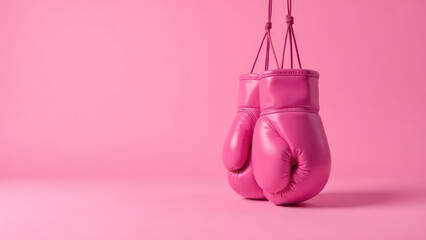 Pink boxing gloves on the right on a pink background 