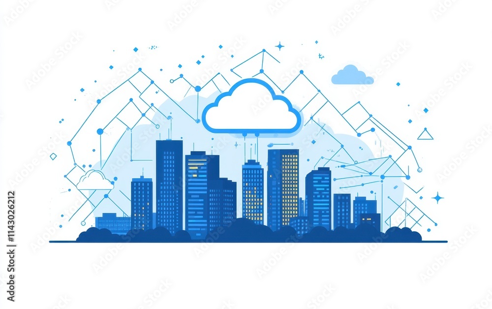 Poster a digital illustration of an urban skyline with city lights, featuring the symbol for cloud computin