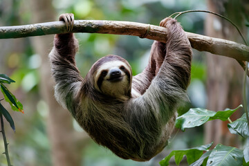 Fototapeta premium Sloth hanging on rainforest branch, gazing amidst lush, blurred greenery
