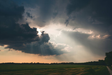 Dark clouds pierced by a radiant beam symbolizing hope amid a storm