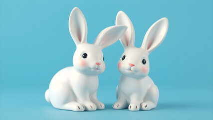 Obraz premium 3d illustration of two cute white ceramic rabbit decorations. Animal characters isolated on blue background. Generative AI