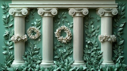 Naklejka premium This artwork features white floral designs and classic columns with green foliage, highlighting a harmonious blend of nature and architecture.