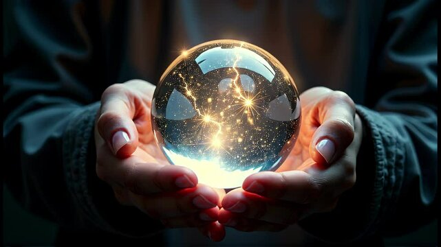 Exploring the mesmerizing glow of a crystal ball held in hands, depicting magic and mystery in a darkened ambiance