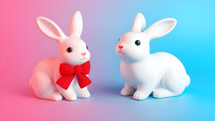 Obraz premium 3d illustration of two cute white ceramic rabbit decorations. Animal characters isolated on blue background. Generative AI
