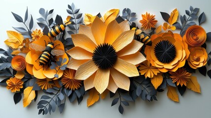 A vibrant 3D paper art composition featuring flowers and bees in shades of yellow and gray, highlighting intricate design and craftsmanship.