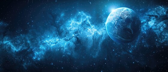 A stunning cosmic scene featuring a blue planet amidst a starry galaxy.