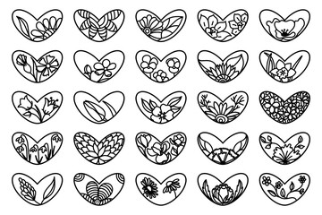 Heart and flowers. A set of twenty-five heart-shaped icons with a botanical ornament in the middle. Colouring. A flat style design element. 