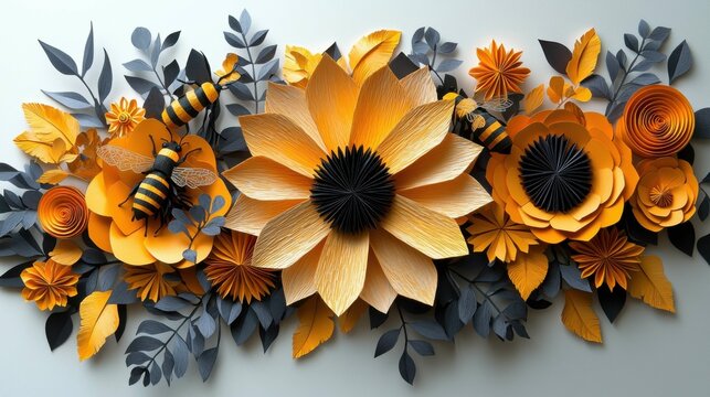 A vibrant 3D paper art composition featuring flowers and bees in shades of yellow and gray, highlighting intricate design and craftsmanship.