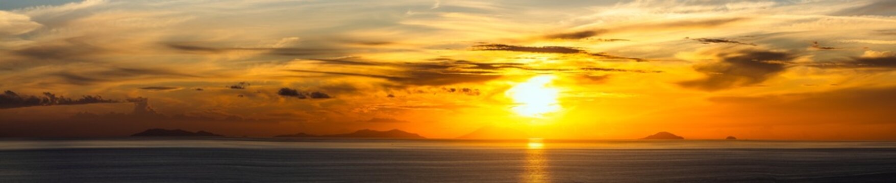 Sunset over Aeolian Islands from Nicotera, Aeolus, Sicily, Tyrrhenian Sea, Italy