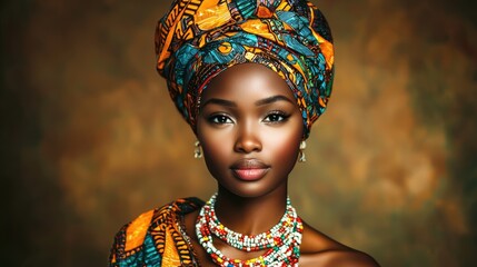 Fototapeta premium Portrait of african woman in colorful traditional attire with beaded jewelry against warm background