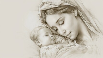 Mary, mother and baby Jesus sleeping together 