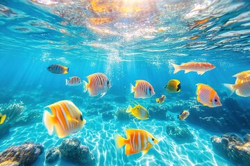 Vibrant tropical fish swarm in sunlit underwater scene