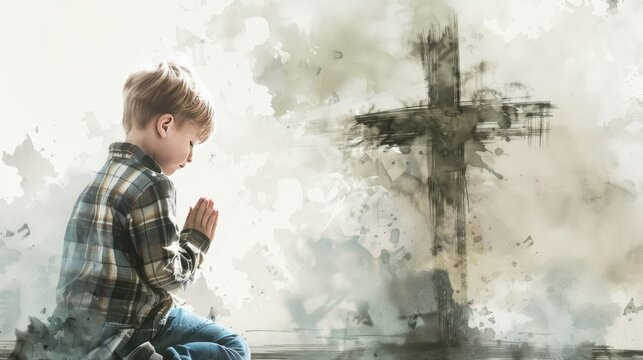 A young boy with short blond hair is kneeling in front of a cross