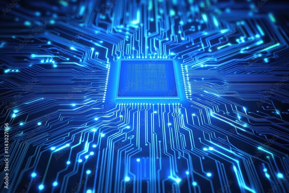 Poster A blue circuit board with glowing microchips and wires forming an intricate pattern, centered on a small square chip glowing in neon lights, symbolizing advanced technology and data transfer