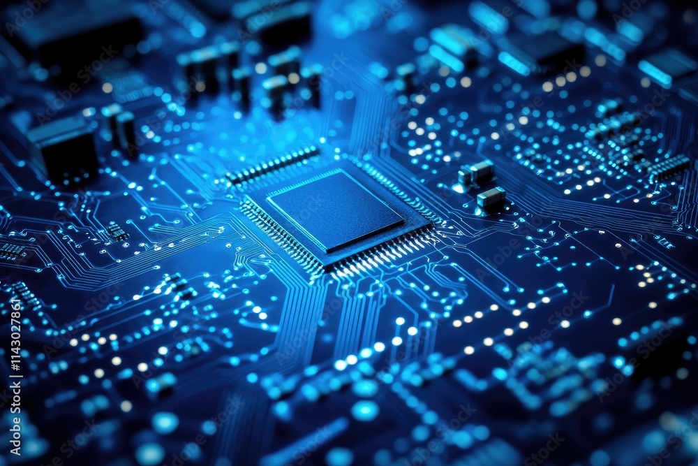 Poster a close-up of an electronic circuit board with blue lighting effects, showcasing intricate details a