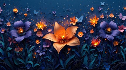 A vibrant 3D floral artwork featuring various flowers and butterflies against a blue background, showcasing intricate designs and bright colors.