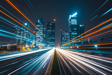 Fototapeta premium Dynamic cityscape at night with glowing skyscrapers and light trails