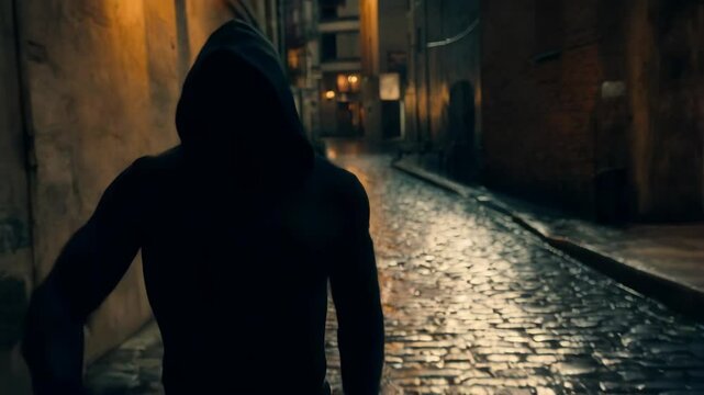 Man dressed in black using mask and hoodie running from alley after robbery