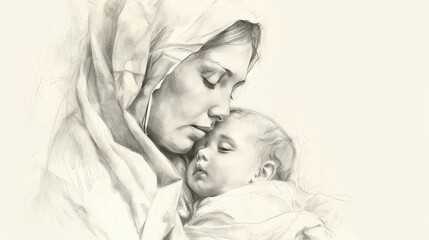Mary, the mother of Jesus Christ holding her newborn baby 