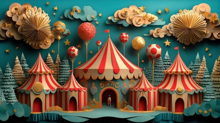 A vibrant 3D depiction of a circus made from colorful paper, featuring striped tents, balloons, and stars against a teal background.