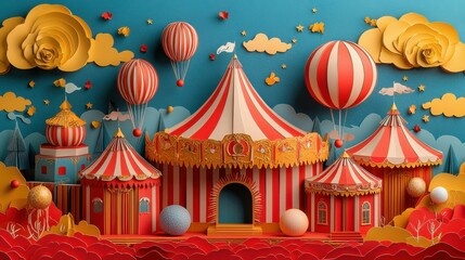 A vibrant 3D paper craft showing a whimsical carnival scene, featuring striped tents, balloons, and colorful decorations, embodying art and design.