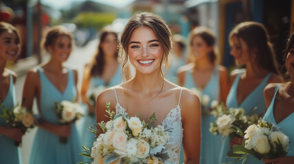 A joyful bridal party walks along a lively street, wearing elegant light blue dresses. The central figure, with a radiant smile, holds a bouquet of fresh flowers