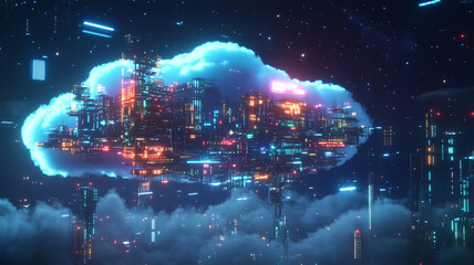 Fototapeta premium 星降る夜空に浮かぶサイバーパンクなクラウド都市