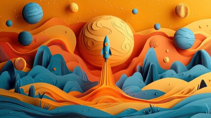 This vibrant 3D paper art depicts a rocket launching towards a stylized planet, surrounded by abstract colorful landscapes and planets. The art conveys creativity.