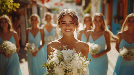 A joyful bridal party walks along a lively street, wearing elegant light blue dresses. The central figure, with a radiant smile, holds a bouquet of fresh flowers