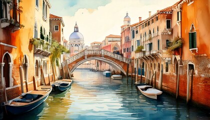Obraz premium Dreamy watercolor Venice canal with boats drifting beneath stone bridges